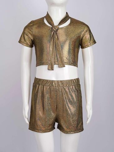 Girls Metallic Crop Tops with Shiny Shorts Jazz Dance Outfits Cheer Outfit for Cheerleading Black Gold 7-8 Years in Saudi Arabia