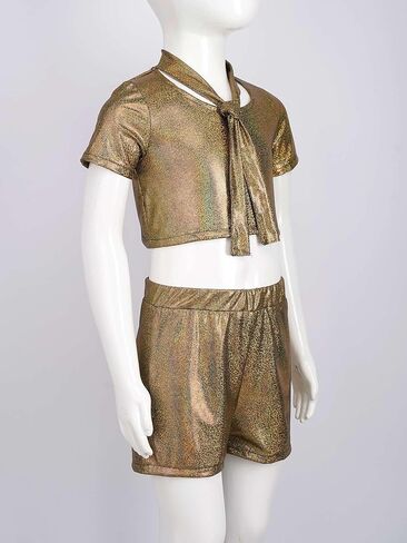Girls Metallic Crop Tops with Shiny Shorts Jazz Dance Outfits Cheer Outfit for Cheerleading Black Gold 7-8 Years in Saudi Arabia