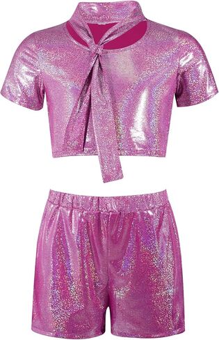 Girls Metallic Crop Tops with Shiny Shorts Jazz Dance Outfits Cheer Outfit for Cheerleading Hot Pink 7-8 Years in Saudi Arabia