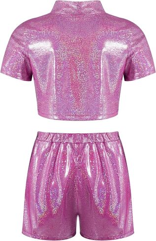 Girls Metallic Crop Tops with Shiny Shorts Jazz Dance Outfits Cheer Outfit for Cheerleading Hot Pink 7-8 Years in Saudi Arabia