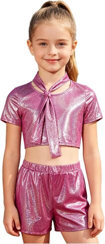 Girls Metallic Crop Tops with Shiny Shorts Jazz Dance Outfits Cheer Outfit for Cheerleading Hot Pink 7-8 Years in Saudi Arabia