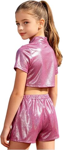 Girls Metallic Crop Tops with Shiny Shorts Jazz Dance Outfits Cheer Outfit for Cheerleading Hot Pink 7-8 Years in Saudi Arabia