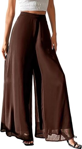 Women's Wide Leg Palazzo Pants Chiffon Dress Pants Flowy Loose Elastic Waist Party Wedding Dressy Casual Trousers in Kuwait