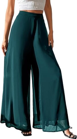 Women's Wide Leg Palazzo Pants Chiffon Dress Pants Flowy Loose Elastic Waist Party Wedding Dressy Casual Trousers in Kuwait