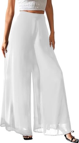 Women's Wide Leg Palazzo Pants Chiffon Dress Pants Flowy Loose Elastic Waist Party Wedding Dressy Casual Trousers in Kuwait