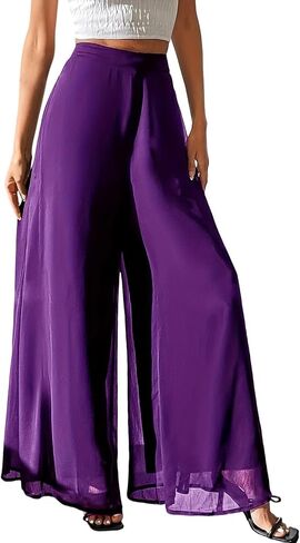 Women's Wide Leg Palazzo Pants Chiffon Dress Pants Flowy Loose Elastic Waist Party Wedding Dressy Casual Trousers in Kuwait