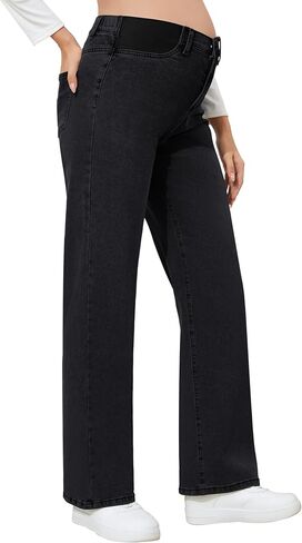 FABRACK Women's Maternity Jeans Wide Leg Jeans Expandable Waist Straight Denim Pants for Pregnancy and Postpartum in Saudi Arabia