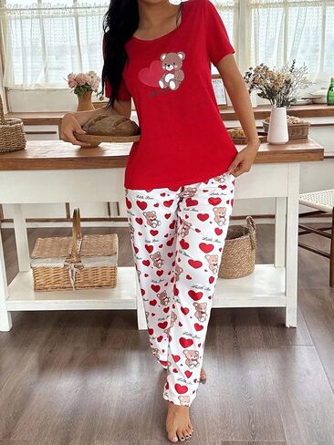 Women's 2-Piece Heart Bear Pajama Set, Soft Long Sleeve Loungewear with Button Front & Elastic Waist in Kuwait
