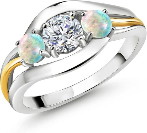 Gem Stone King 3-Stone Lab Grown Diamond and Gemstone Birthstone Ring for Women | 2-Tone 925 Silver 10K Yellow Gold | Round 5MM 4MM | Anniversary Engagement Ring in Saudi Arabia