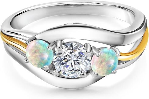 Gem Stone King 3-Stone Lab Grown Diamond and Gemstone Birthstone Ring for Women | 2-Tone 925 Silver 10K Yellow Gold | Round 5MM 4MM | Anniversary Engagement Ring in Saudi Arabia