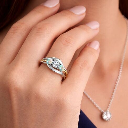Gem Stone King 3-Stone Lab Grown Diamond and Gemstone Birthstone Ring for Women | 2-Tone 925 Silver 10K Yellow Gold | Round 5MM 4MM | Anniversary Engagement Ring in Saudi Arabia