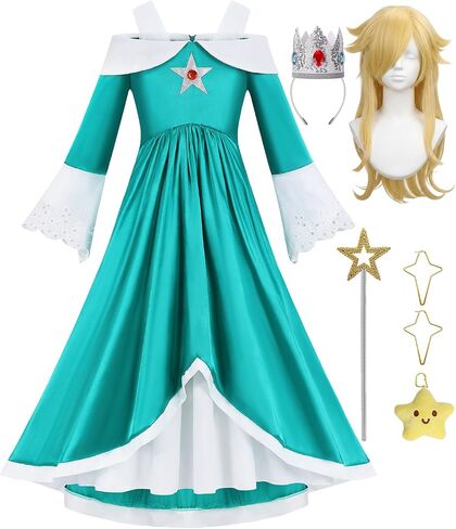 Girls Galaxy Princess Costume Kids Royal Dress Up with Teal Maxi Dress Wig Crown Wand Earrings for Halloween in Saudi Arabia