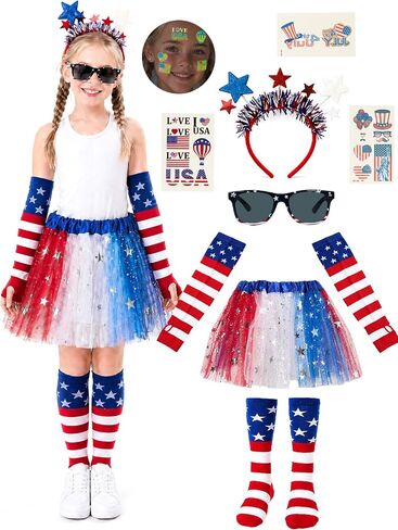 4th of July Outfits for Girls 6-12 Years Tutu Set, 8pcs Girls Red White and Blue Outfit with Sunglasses, Glow in Dark Tattoo - Perfect for Accessories Independence Day, Halloween, Patriotic Events in Kuwait
