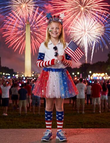 4th of July Outfits for Girls 6-12 Years Tutu Set, 8pcs Girls Red White and Blue Outfit with Sunglasses, Glow in Dark Tattoo - Perfect for Accessories Independence Day, Halloween, Patriotic Events in Kuwait