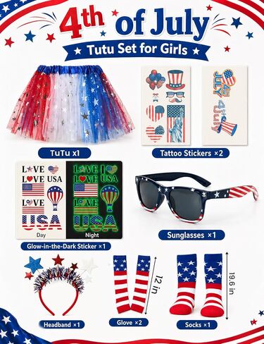 4th of July Outfits for Girls 6-12 Years Tutu Set, 8pcs Girls Red White and Blue Outfit with Sunglasses, Glow in Dark Tattoo - Perfect for Accessories Independence Day, Halloween, Patriotic Events in Kuwait