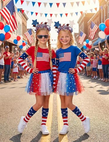 4th of July Outfits for Girls 6-12 Years Tutu Set, 8pcs Girls Red White and Blue Outfit with Sunglasses, Glow in Dark Tattoo - Perfect for Accessories Independence Day, Halloween, Patriotic Events in Kuwait