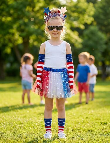 4th of July Outfits for Girls 6-12 Years Tutu Set, 8pcs Girls Red White and Blue Outfit with Sunglasses, Glow in Dark Tattoo - Perfect for Accessories Independence Day, Halloween, Patriotic Events in Kuwait