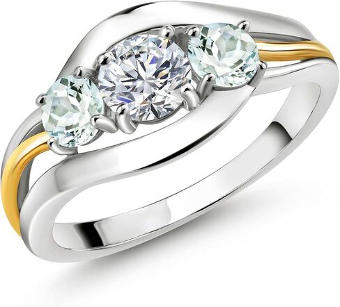 Gem Stone King 3-Stone Lab Grown Diamond and Gemstone Birthstone Ring for Women | 2-Tone 925 Silver 10K Yellow Gold | Round 5MM 4MM | Anniversary Engagement Ring in Kuwait