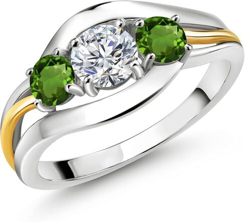 Gem Stone King 3-Stone Lab Grown Diamond and Gemstone Birthstone Ring for Women | 2-Tone 925 Silver 10K Yellow Gold | Round 5MM 4MM | Anniversary Engagement Ring in Saudi Arabia