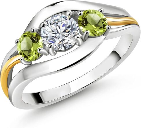 Gem Stone King 3-Stone Lab Grown Diamond and Gemstone Birthstone Ring for Women | 2-Tone 925 Silver 10K Yellow Gold | Round 5MM 4MM | Anniversary Engagement Ring in Saudi Arabia