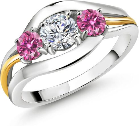 Gem Stone King 3-Stone Lab Grown Diamond and Gemstone Birthstone Ring for Women | 2-Tone 925 Silver 10K Yellow Gold | Round 5MM 4MM | Anniversary Engagement Ring in Saudi Arabia