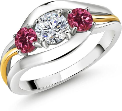 Gem Stone King 3-Stone Lab Grown Diamond and Gemstone Birthstone Ring for Women | 2-Tone 925 Silver 10K Yellow Gold | Round 5MM 4MM | Anniversary Engagement Ring in Saudi Arabia