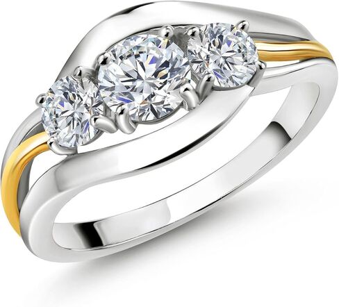 Gem Stone King 3-Stone Lab Grown Diamond and Gemstone Birthstone Ring for Women | 2-Tone 925 Silver 10K Yellow Gold | Round 5MM 4MM | Anniversary Engagement Ring in Saudi Arabia