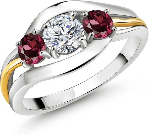 Gem Stone King 3-Stone Lab Grown Diamond and Gemstone Birthstone Ring for Women | 2-Tone 925 Silver 10K Yellow Gold | Round 5MM 4MM | Anniversary Engagement Ring in Saudi Arabia