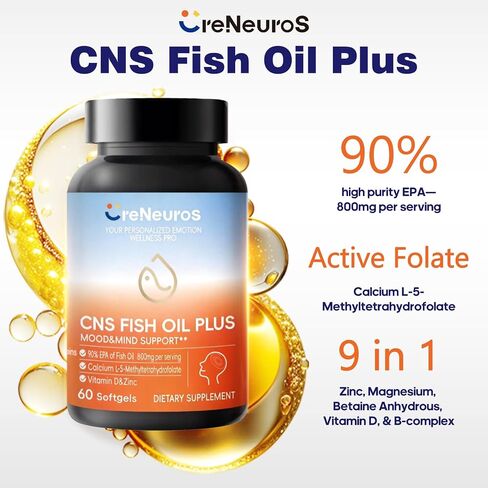 CNS Fish Oil Plus- 97% Omega-3 808mg per Serving with 800mg of 90% EPA per Serving for Mood & Mind Support - with Active Folate (5-MTHF), B-Complex & Zinc - 60 Softgels in Kuwait