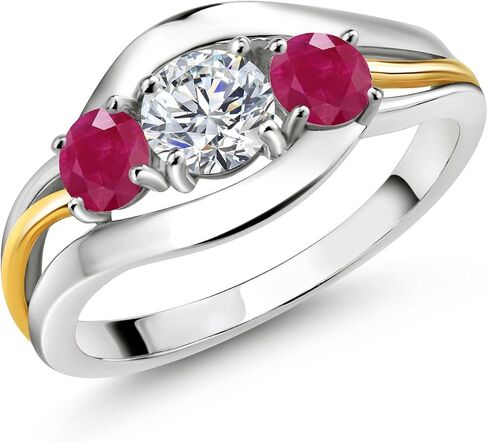Gem Stone King 3-Stone Lab Grown Diamond and Gemstone Birthstone Ring for Women | 2-Tone 925 Silver 10K Yellow Gold | Round 5MM 4MM | Anniversary Engagement Ring in Saudi Arabia