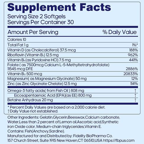 CNS Fish Oil Plus- 97% Omega-3 808mg per Serving with 800mg of 90% EPA per Serving for Mood & Mind Support - with Active Folate (5-MTHF), B-Complex & Zinc - 60 Softgels in Kuwait