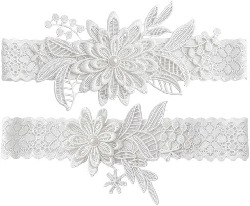 2Pcs Floral Lace Garter Belt Elegant Garters for Bride Hand Sewn Faux Pearls Stretchy Soft Lace Thigh Garter for Wedding Party Prom Anniversary Cosplay Stage Show and Daily Wear in Saudi Arabia
