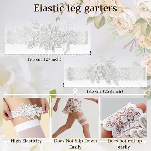 2Pcs Floral Lace Garter Belt Elegant Garters for Bride Hand Sewn Faux Pearls Stretchy Soft Lace Thigh Garter for Wedding Party Prom Anniversary Cosplay Stage Show and Daily Wear in Saudi Arabia