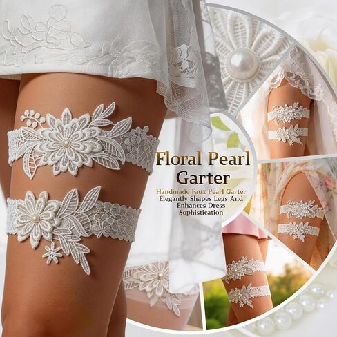 2Pcs Floral Lace Garter Belt Elegant Garters for Bride Hand Sewn Faux Pearls Stretchy Soft Lace Thigh Garter for Wedding Party Prom Anniversary Cosplay Stage Show and Daily Wear in Saudi Arabia