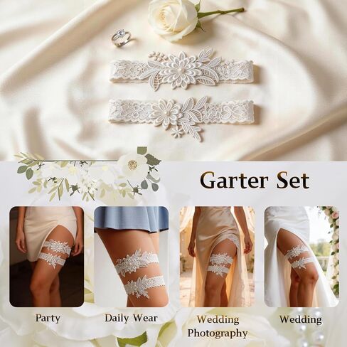 2Pcs Floral Lace Garter Belt Elegant Garters for Bride Hand Sewn Faux Pearls Stretchy Soft Lace Thigh Garter for Wedding Party Prom Anniversary Cosplay Stage Show and Daily Wear in Saudi Arabia