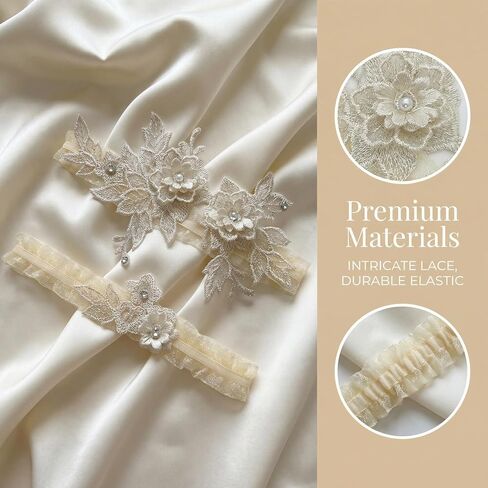 2 Pcs Garters for Bride Rustic Boho Lace Wedding Garter Set Bridal Leg Belt Accessories Lace Garter for Wedding Day Elegant Bride Accessories in Saudi Arabia