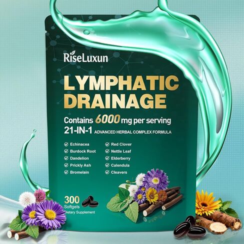 21-in-1 Liposomal Lymphatic Drainage Supplements, 100 Day Supply, 6000mg Lymph System Support for Women & Men with Echinacea, Dandelion, Burdock, Bromelain, Calendula, Turmeric & More, 300 Softgels in Saudi Arabia