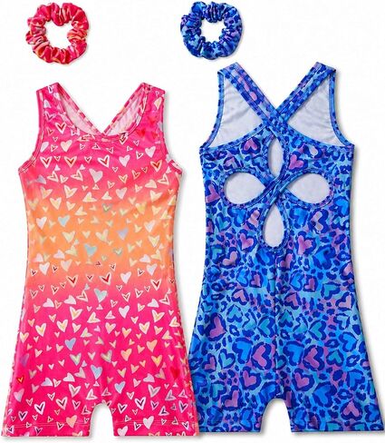 Girls Gymnastics Leotards 2 Pack with Scrunchie Sparkly Sleeveless Hollow Back Dance Outfit for Kids in Saudi Arabia