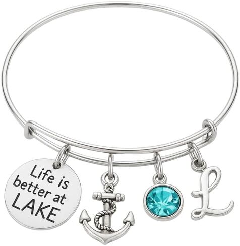 Personalized Life is Better at The Lake Nautical Bracelet with choice of Initial and Birthstone charm, Lake Jewelry, Gift for Lake Girls in Saudi Arabia