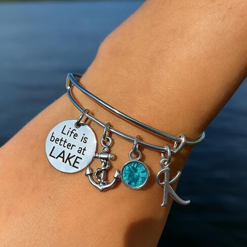 Personalized Life is Better at The Lake Nautical Bracelet with choice of Initial and Birthstone charm, Lake Jewelry, Gift for Lake Girls in Saudi Arabia