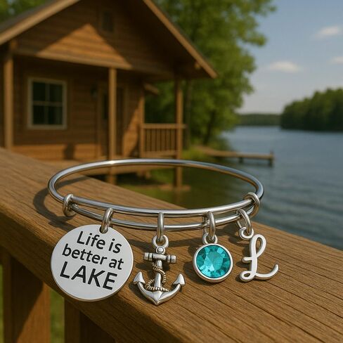 Personalized Life is Better at The Lake Nautical Bracelet with choice of Initial and Birthstone charm, Lake Jewelry, Gift for Lake Girls in Saudi Arabia