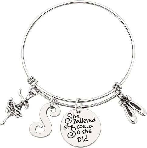 Custom Dance Charm Bangle Bracelet with Initial, She Believed She Could So She Did Pendant, Ballet Dancer Jewelry Gift, Adjustable Wire Bangle, Dance Recital Team Coach Appreciation Gift in Saudi Arabia
