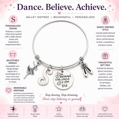 Custom Dance Charm Bangle Bracelet with Initial, She Believed She Could So She Did Pendant, Ballet Dancer Jewelry Gift, Adjustable Wire Bangle, Dance Recital Team Coach Appreciation Gift in Saudi Arabia