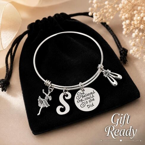 Custom Dance Charm Bangle Bracelet with Initial, She Believed She Could So She Did Pendant, Ballet Dancer Jewelry Gift, Adjustable Wire Bangle, Dance Recital Team Coach Appreciation Gift in Saudi Arabia