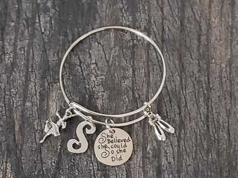Custom Dance Charm Bangle Bracelet with Initial, She Believed She Could So She Did Pendant, Ballet Dancer Jewelry Gift, Adjustable Wire Bangle, Dance Recital Team Coach Appreciation Gift in Saudi Arabia