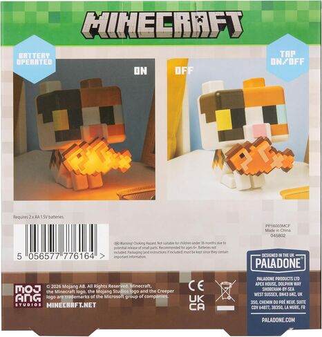 Paladone Minecraft Cat GloBuddies Light، مصباح اضغط عليه 15 سم مع سمكة مضيئة، يعمل ببطارية AA، مرخص رسميًا in Kuwait