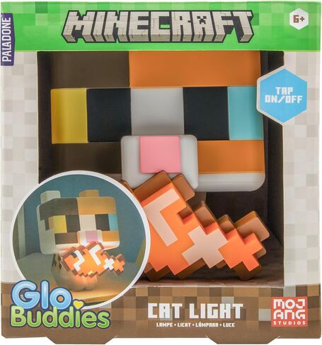 Paladone Minecraft Cat GloBuddies Light، مصباح اضغط عليه 15 سم مع سمكة مضيئة، يعمل ببطارية AA، مرخص رسميًا in Kuwait