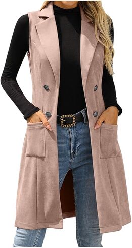 Womens Faux Suede Vest Jacket Mid Long Button Business Casual Coats Sleeveless Open Front Suede Leather Vests Jackets in Kuwait