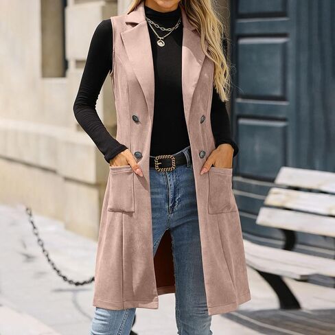 Womens Faux Suede Vest Jacket Mid Long Button Business Casual Coats Sleeveless Open Front Suede Leather Vests Jackets in Kuwait