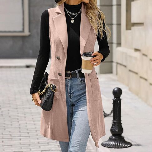 Womens Faux Suede Vest Jacket Mid Long Button Business Casual Coats Sleeveless Open Front Suede Leather Vests Jackets in Kuwait